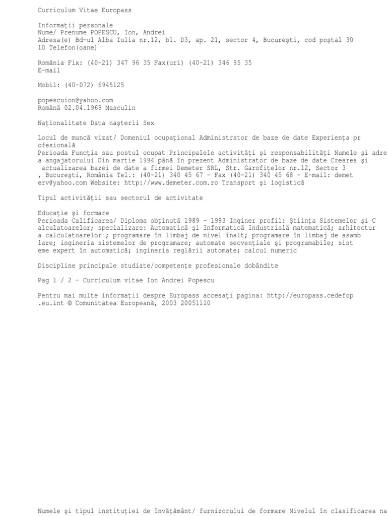 Model CV European Completat Romana | PDF