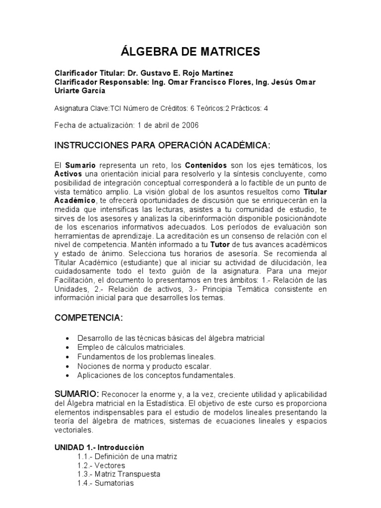 Fundamentos del Álgebra de Matrices | PDF | Determinante | Matriz ...