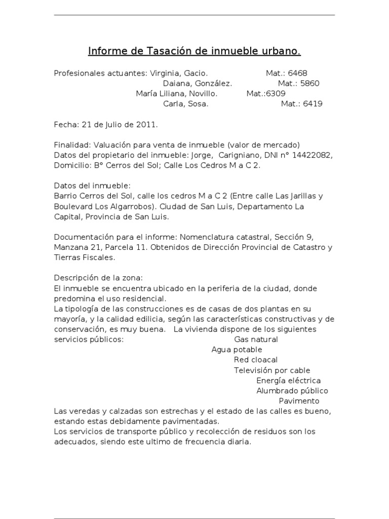 Informe de Tasación de Inmueble Urbano PDF Valoración empresarial Aluminio