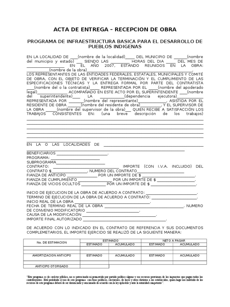 Acta de Entrega Recepción de Obra | PDF | Esfera pública | Gobierno
