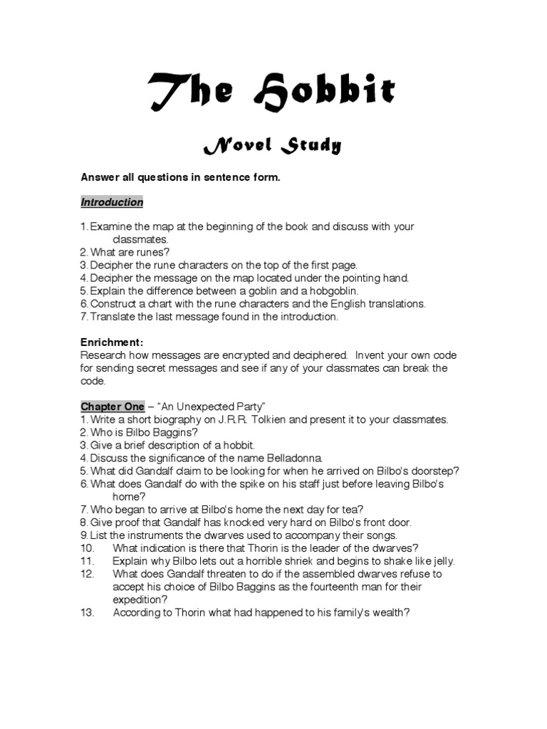 The Hobbit Novel Study Bilbo Baggins The Hobbit
