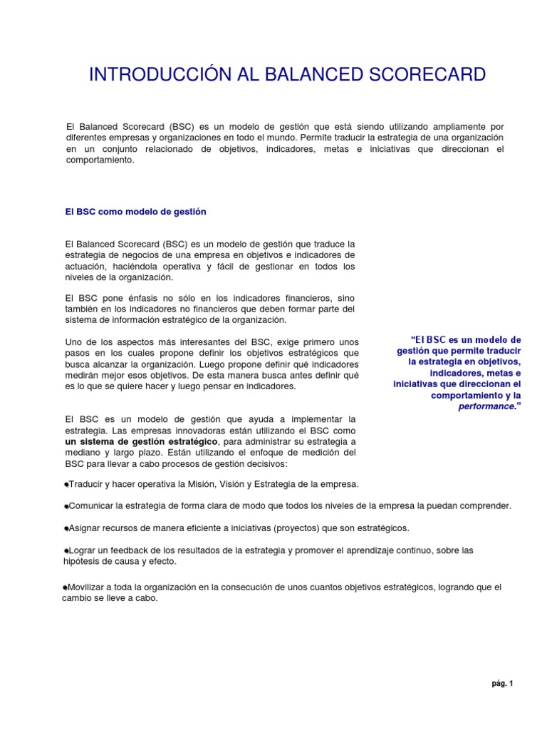 Introducción al Balanced Scorecard | PDF | Cognición | Business