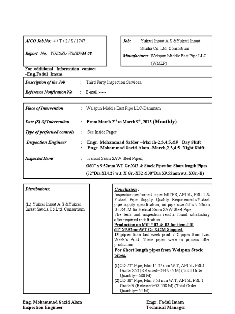 Third Party Inspection Report for Pipes | PDF | Pipe (Fluid Conveyance ...