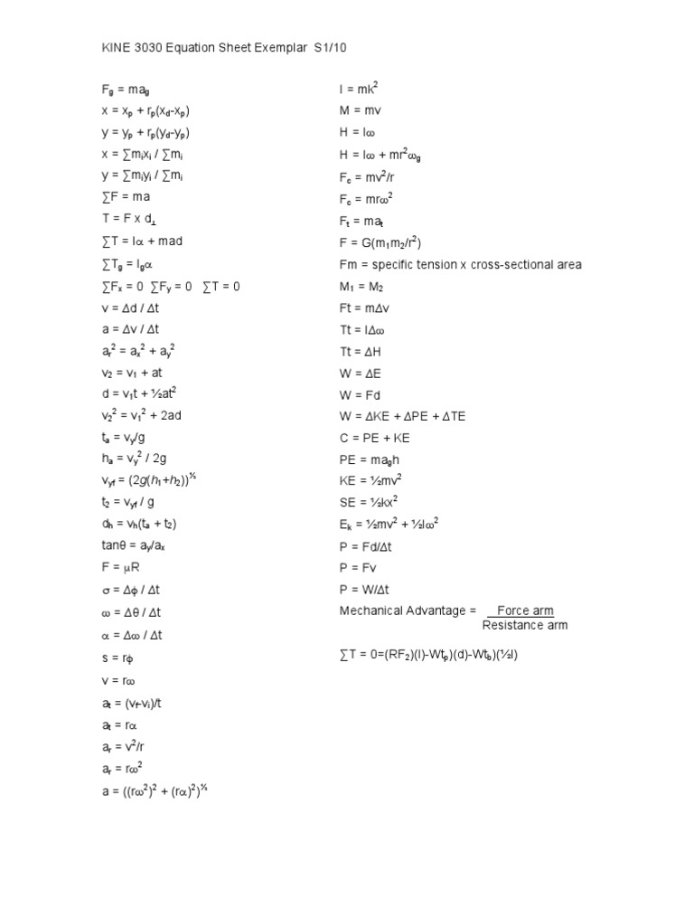 Kine 3030 Equation Sheet Pdf