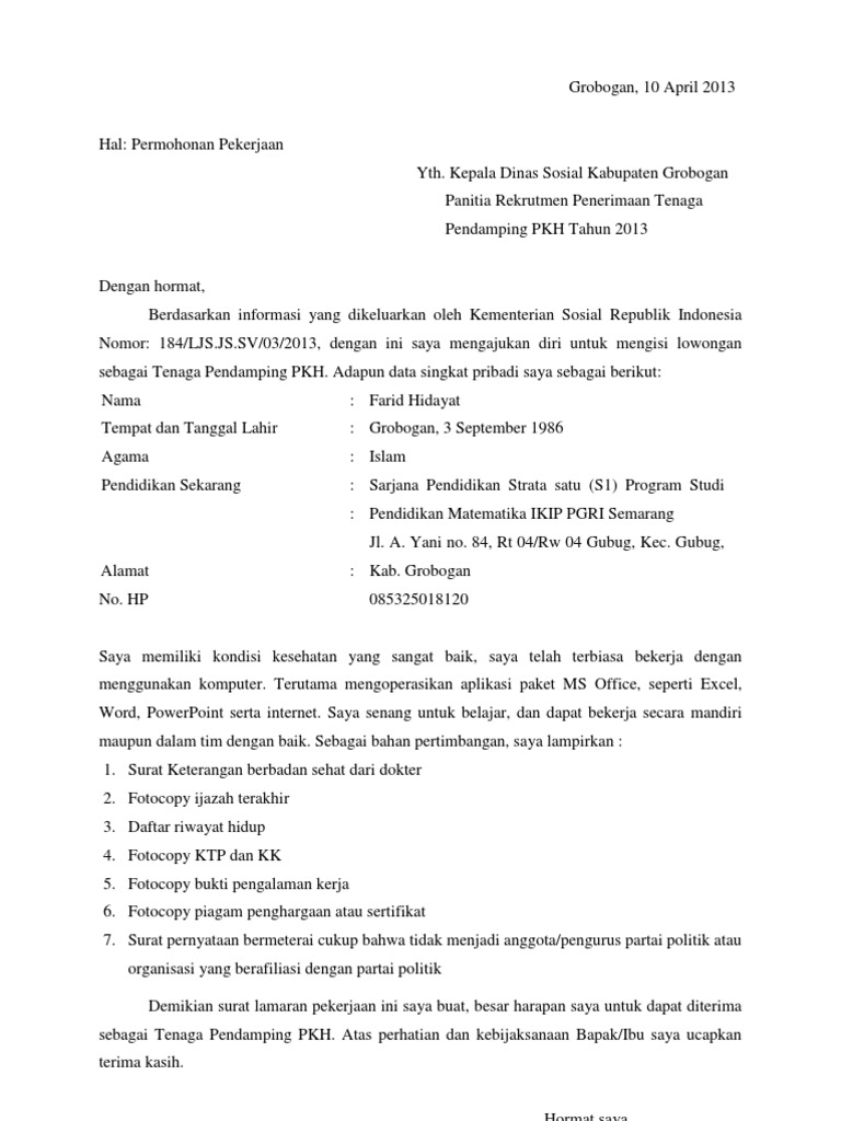 Contoh Surat Lamaran Kerja Di Dinas Sosial