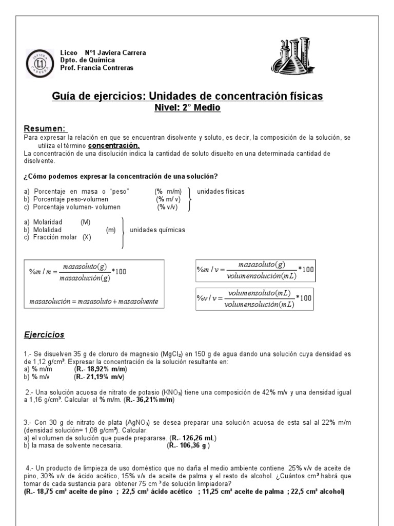 Guia De Ejercicios Disoluciones 2 Sustancias Quimicas Quimica