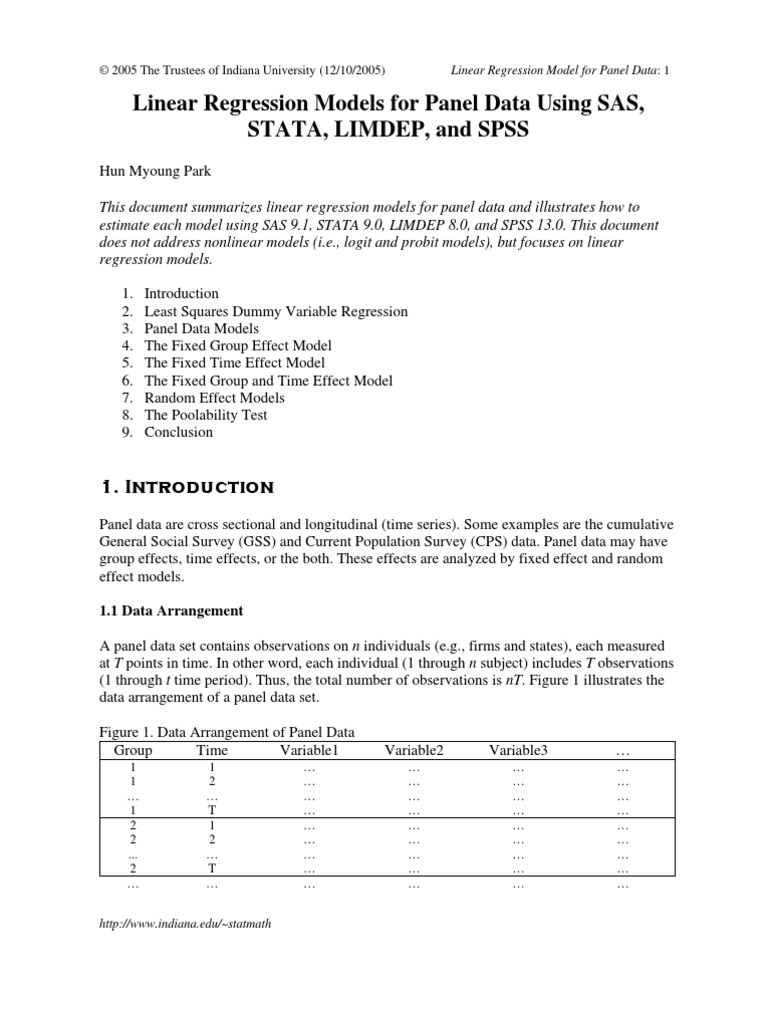 Linear Regression Models For Panel Data Using Sas Stata Limdep And Spss Ordinary Least Squares Errors And Residuals
