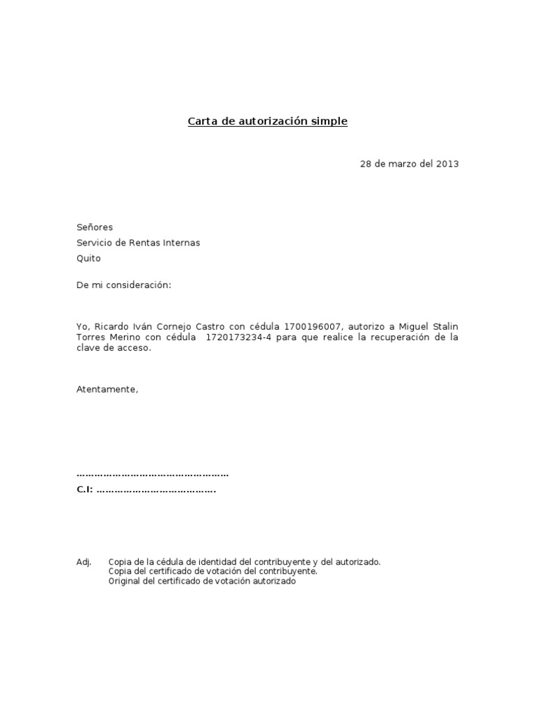 Carta De Autorizacion Simple Pdf