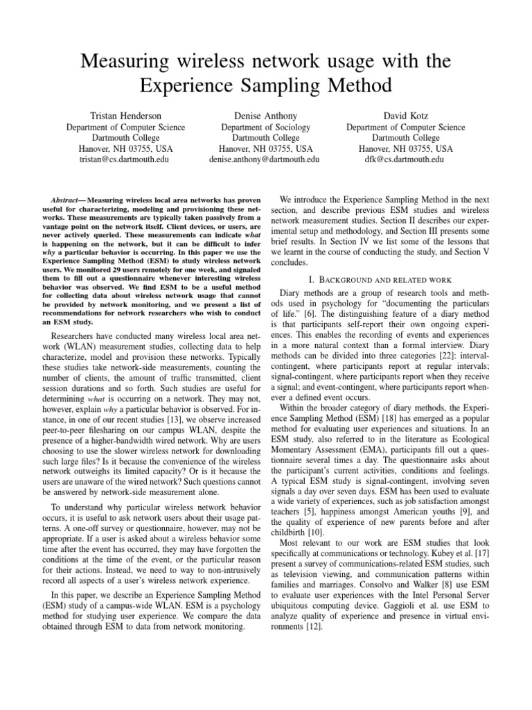 Measuring Wireless Network Usage With The Experience Sampling Method
