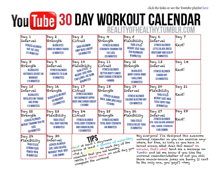 Youtube Workout Calendar