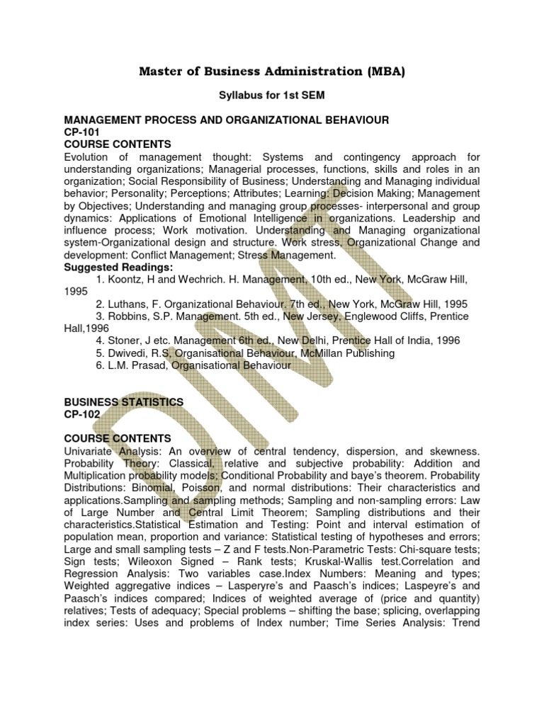MBA 1st Semester Syllabus | PDF | Organizational Behavior | Economics