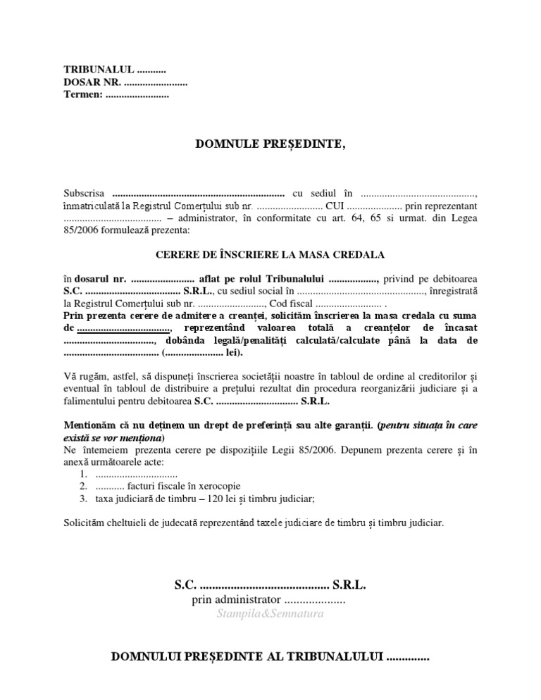 Model Cerere Masa Credala