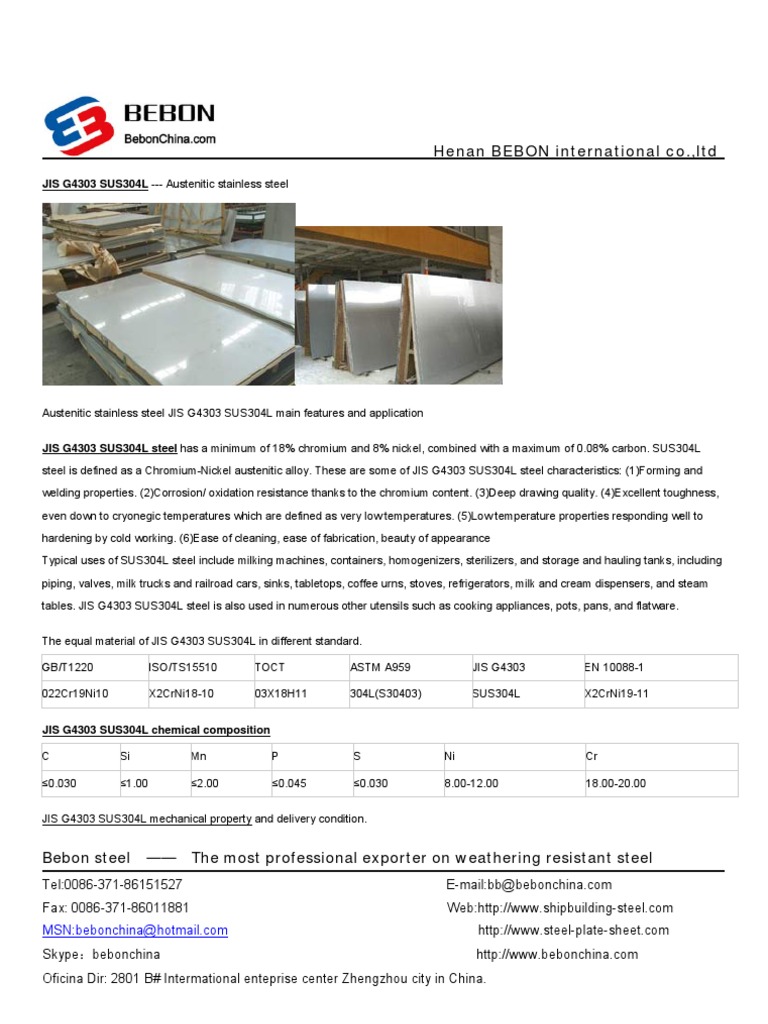 JIS SUS304L Steel, JIS G4303 SUS304L Stainless Steel PDF Stainless