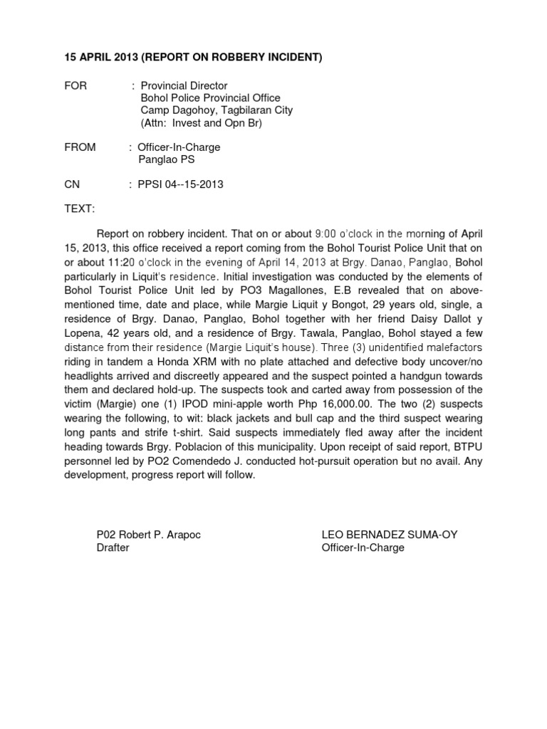 Report On Robbery Incident Pdf Law Enforcement Crime Violence
