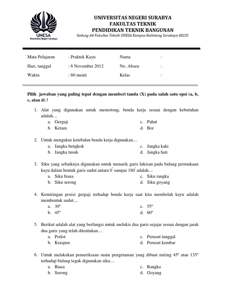 Soal Pilihan Ganda Praktek Kayu