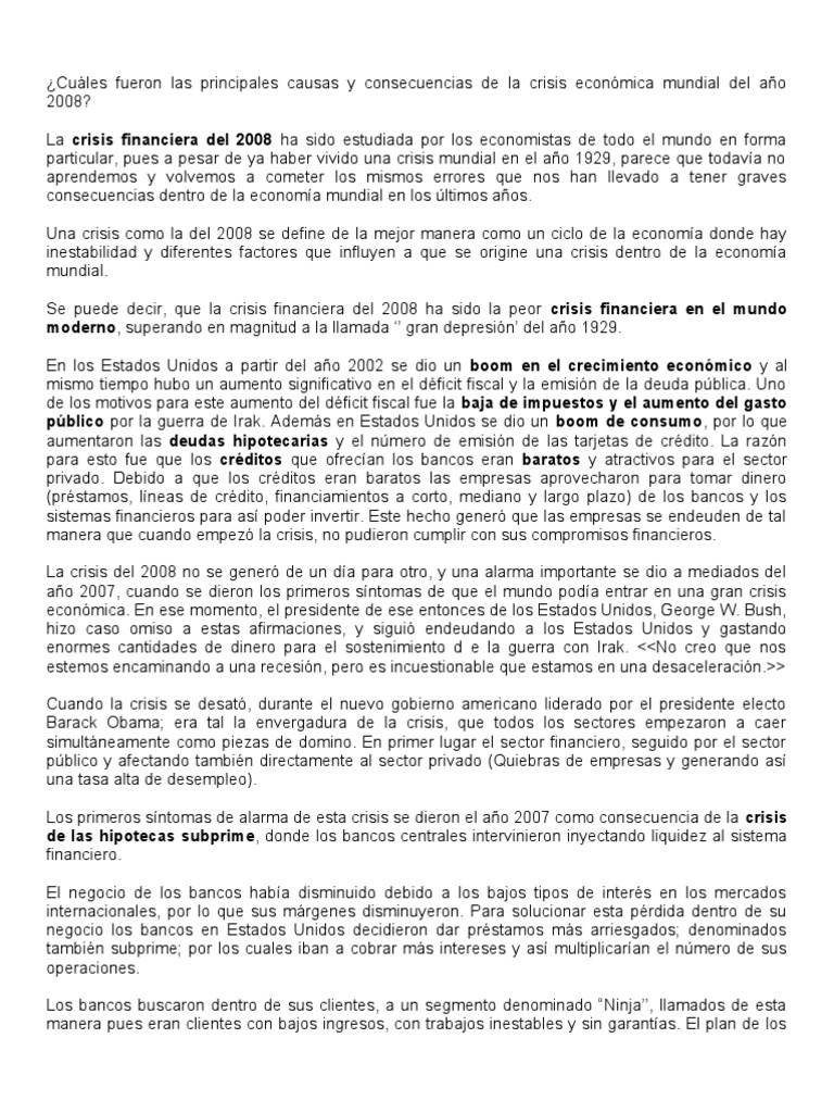Cuáles Fueron Las Principales Causas y Consecuencias de La Crisis ...