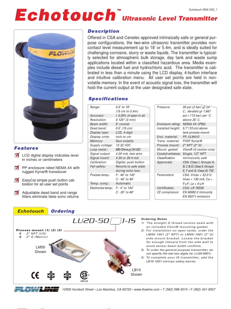 FlowLine Level Transmitter Ultrasonic EchoTouch LU20 Data Sheet
