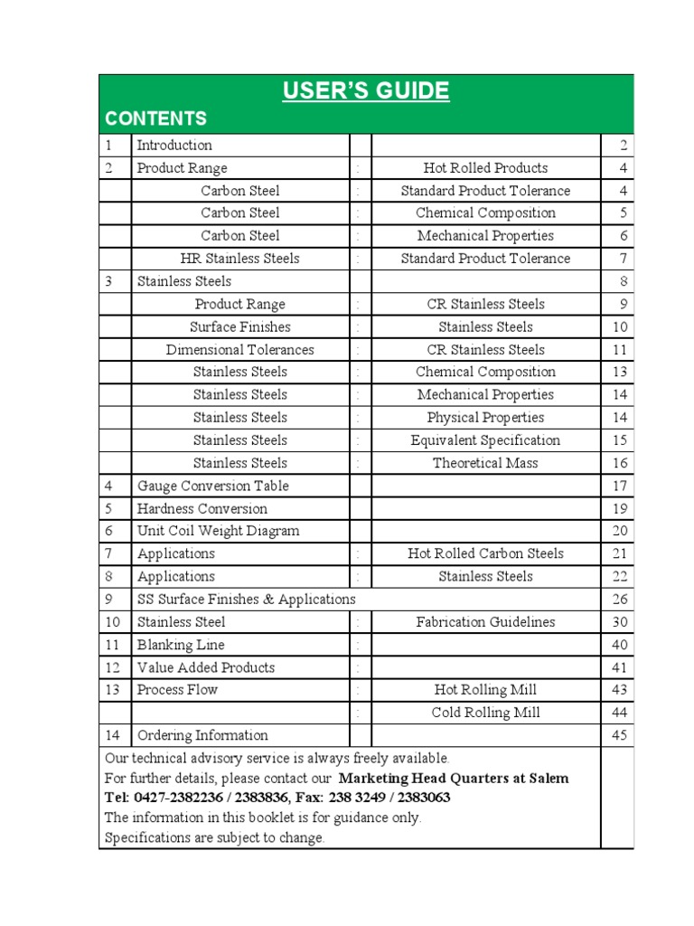 Material specification Steel Stainless Steel