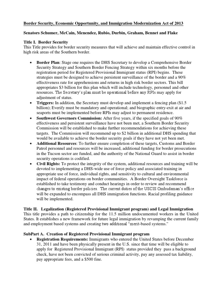 Immigration Bill Summary | PDF | Permanent Residence (United States ...