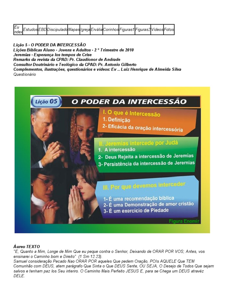 Lição 5 - O PODER DA INTERCESSÃO | PDF | Jeremias | Oração