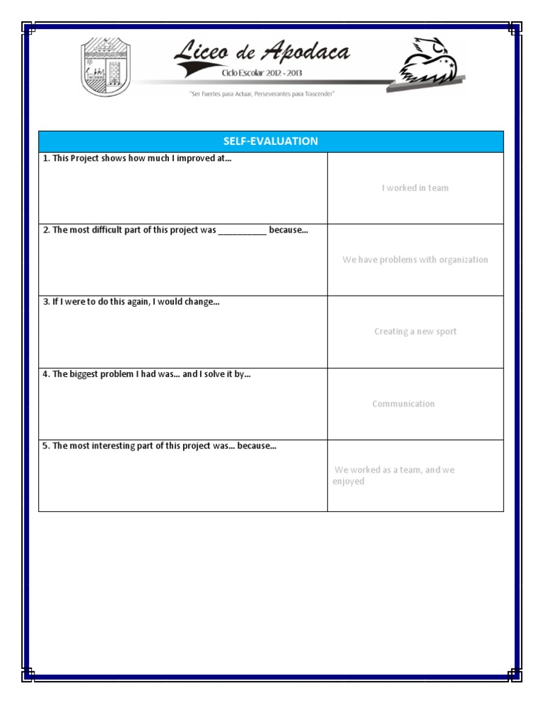 Self Evaluation 1 | PDF | Self-Improvement