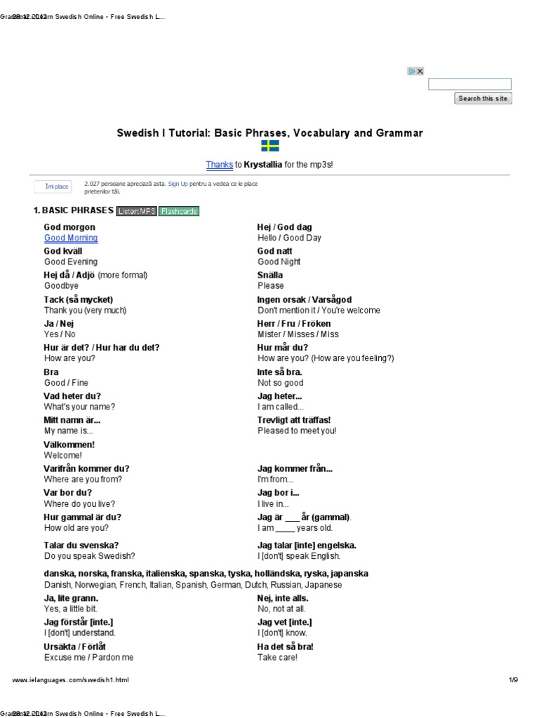 Swedish I Tutorial - Basic Phrases, Vocabulary and Grammar - Learn ...