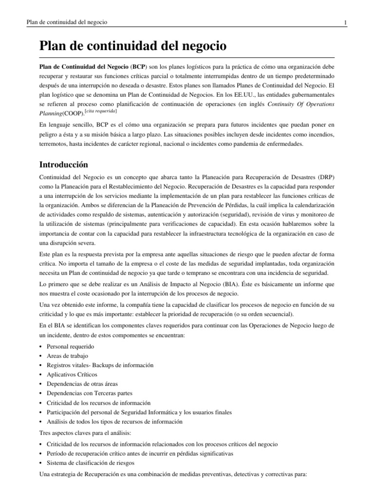 Plan de Continuidad Del Negocio | Tecnología | Business