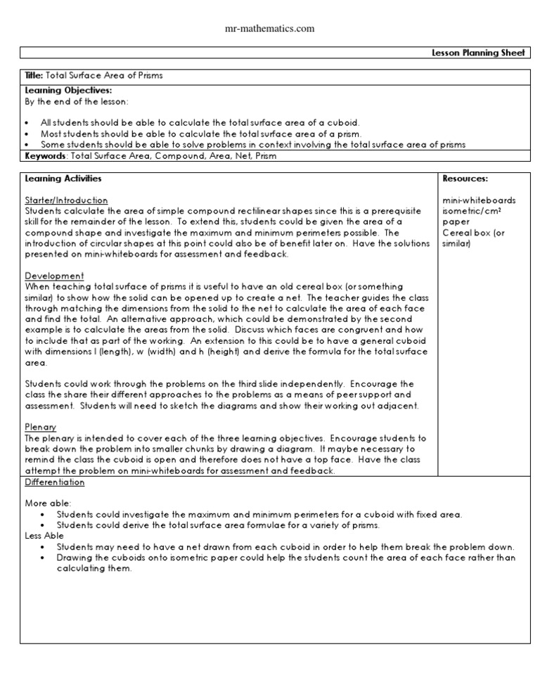 Total Surface Area Lesson Plan Surface Area Lesson Plan