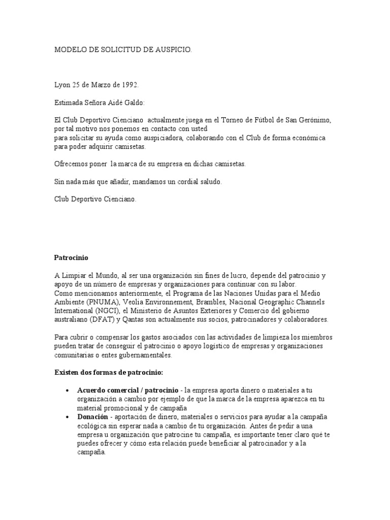Modelo de Solicitud de Auspicio