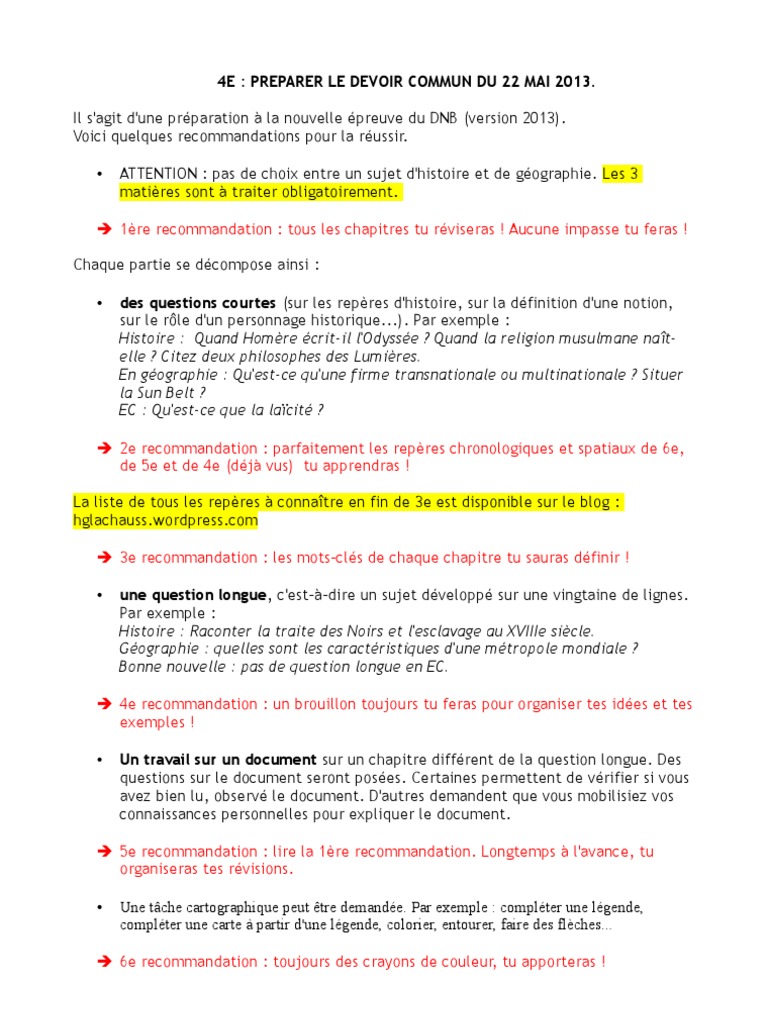 Devoir Commun Histoire géographie 3ème 2022 Recommandations Pour Le Devoir Commun | PDF | Géographie | France