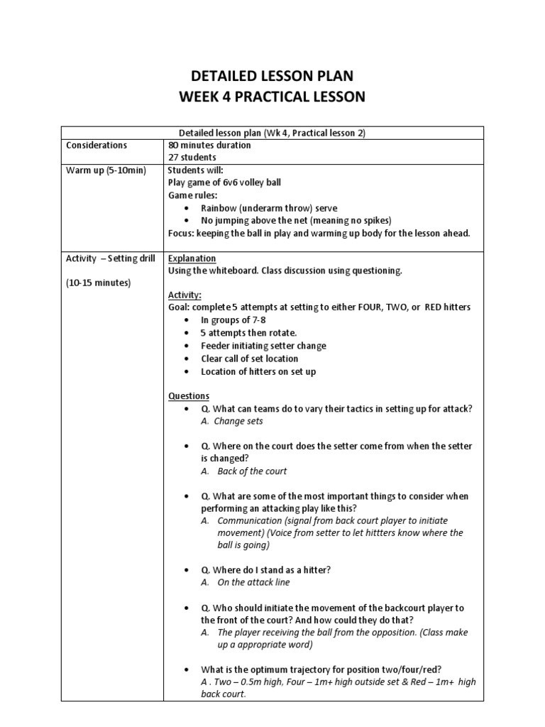 Volleyball Detailed Lesson Plan Volleyball Games Of Physical Skill