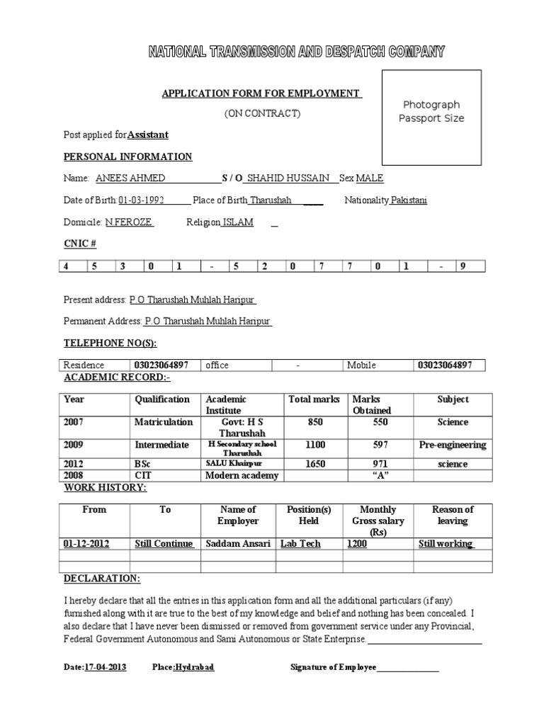 Employment Application Form for Assistant | PDF