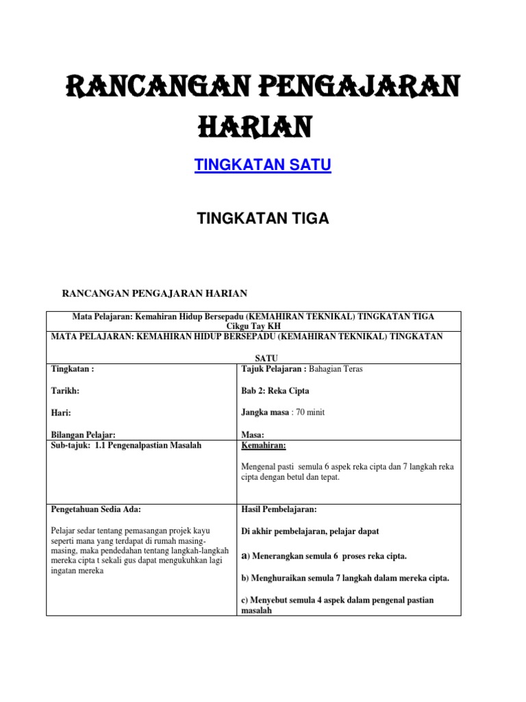 Rancangan Pengajaran Harian Cth Pdf