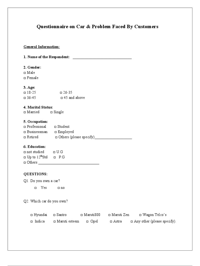 Questionnaire On Car & Problem Faced by Customers PDF Automobiles Wheeled Vehicles