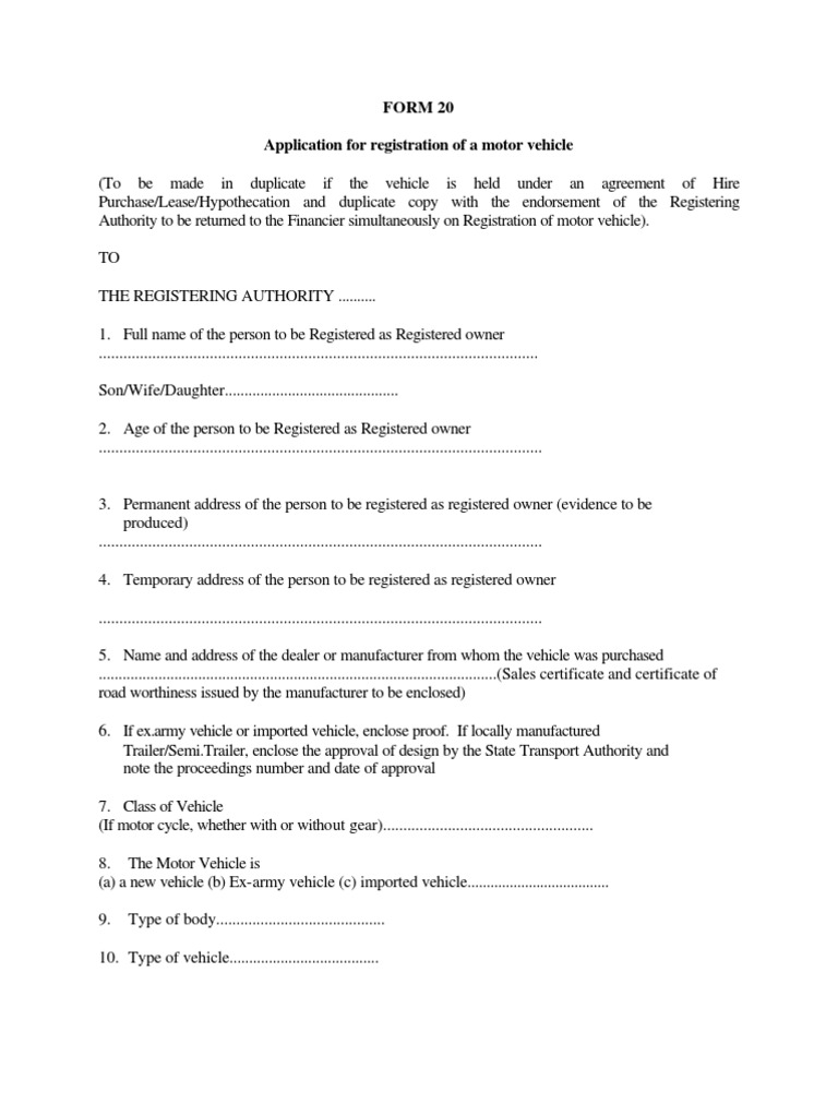 Form 20: Vehicle Registration Application | PDF | Axle | Seal (Emblem)