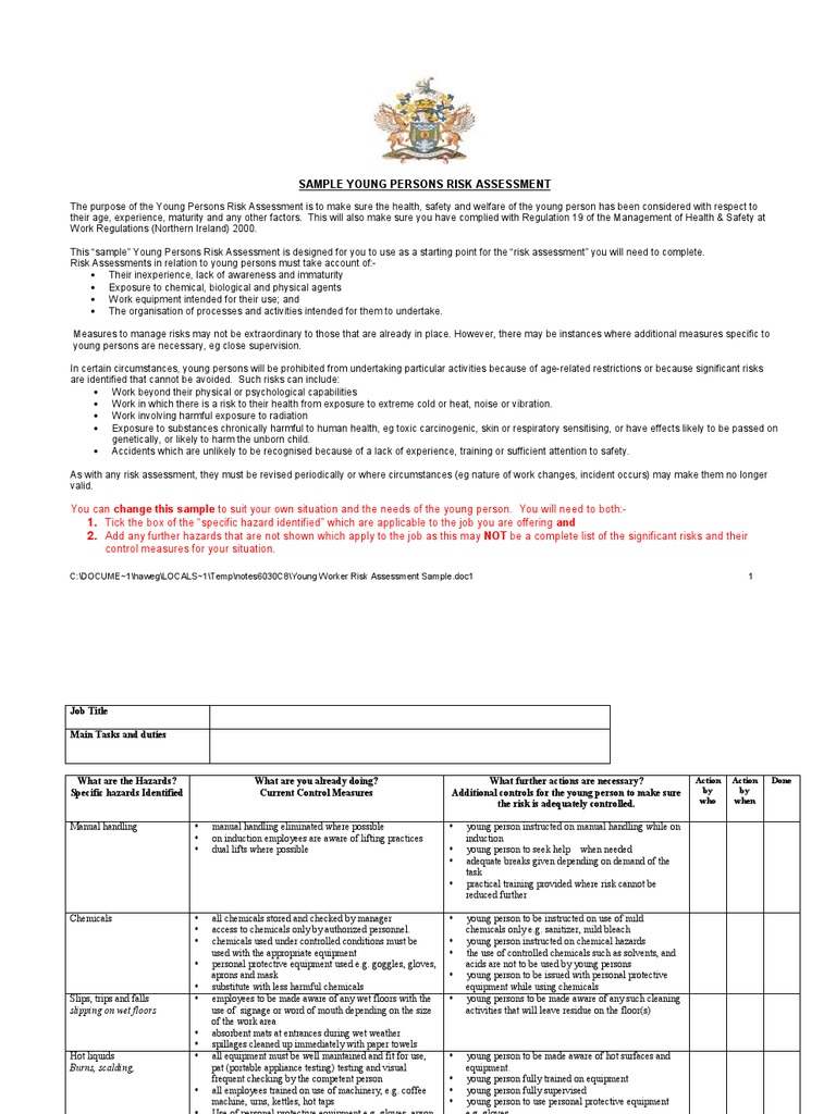 Young Worker Risk Assessment Sample | Personal Protective Equipment | Risk
