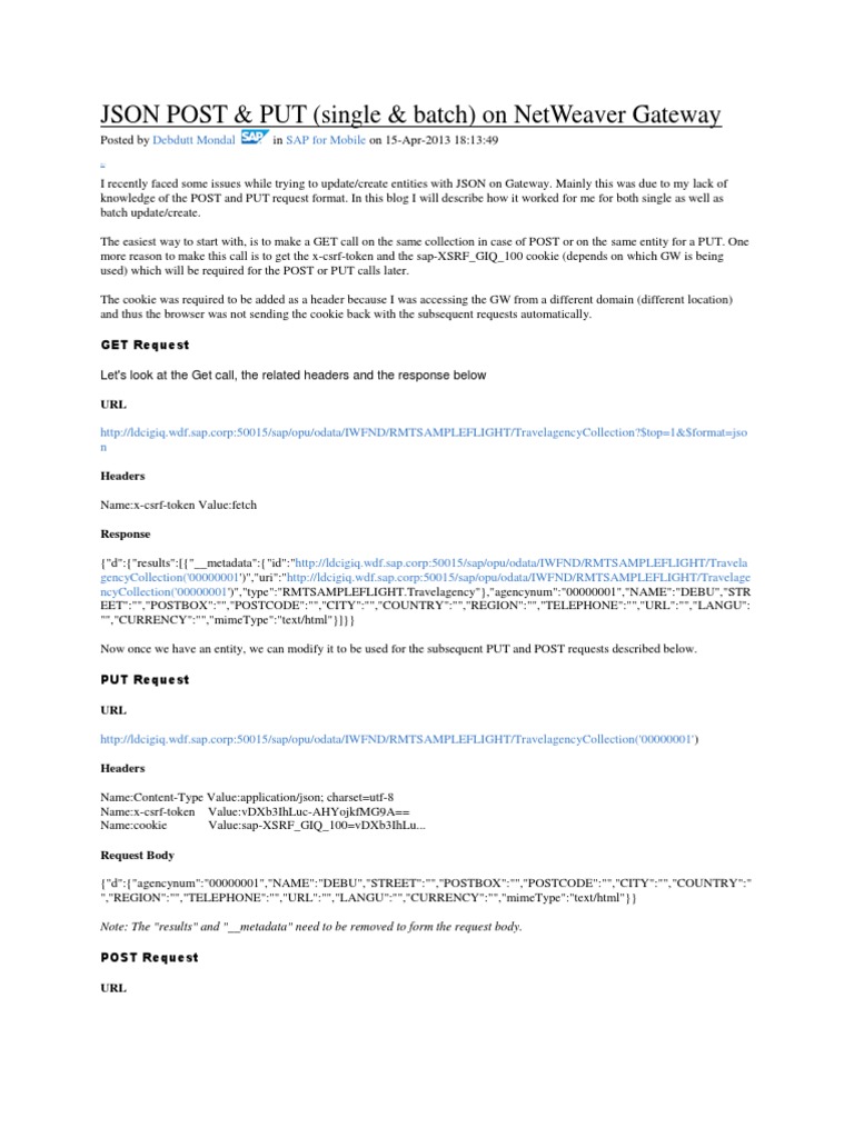 SAP OData JSON POST & PUT Examples | PDF | Http Cookie | Hypertext ...