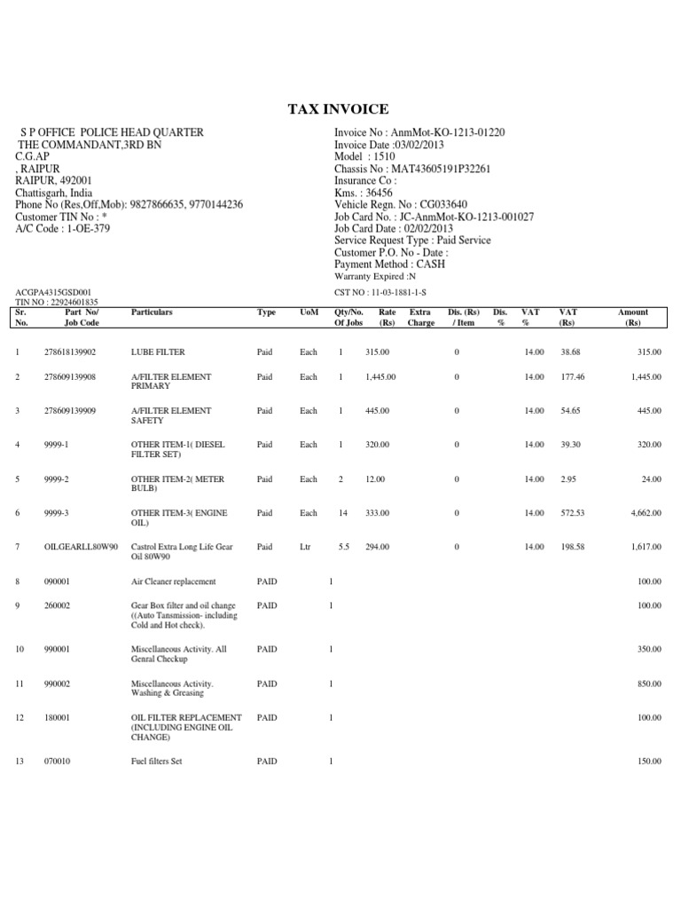 Maintenance and Repair Invoice for Police Vehicle with Detailed List of ...