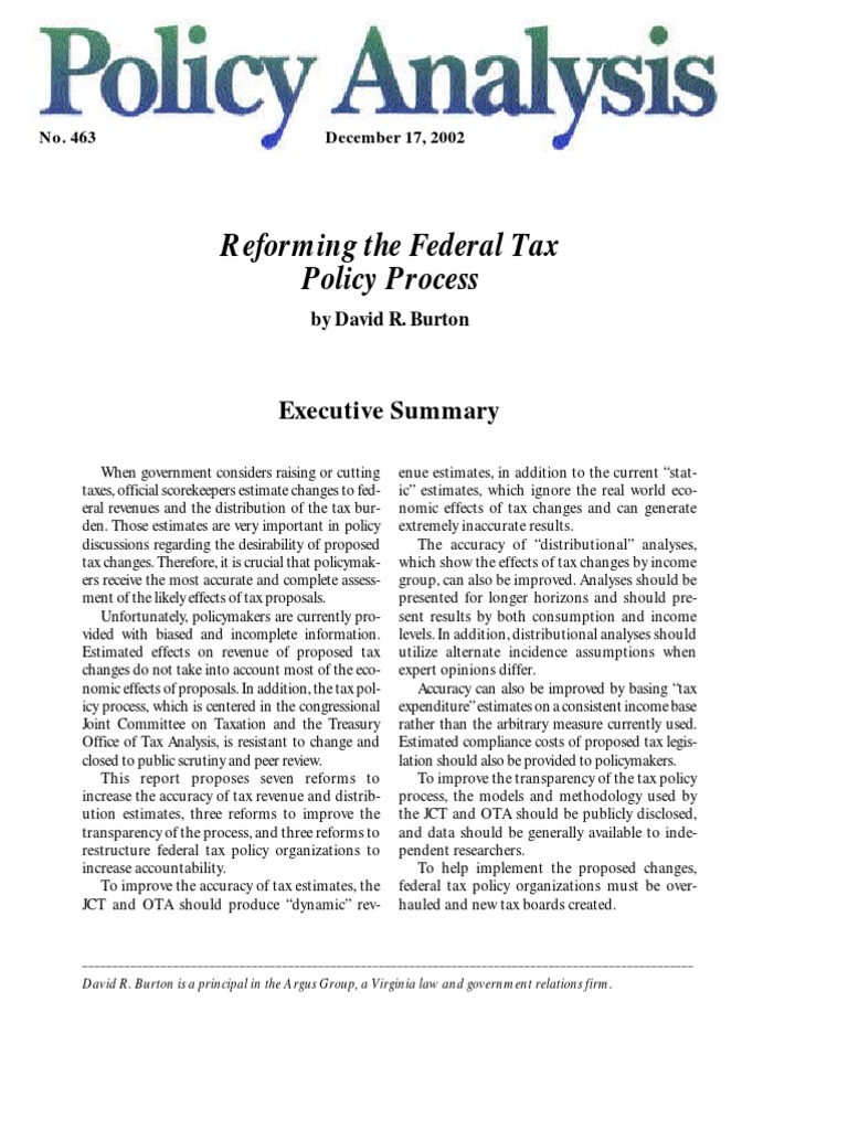 Reforming The Federal Tax Policy Process, Cato Policy Analysis No. 463 PDF Congressional