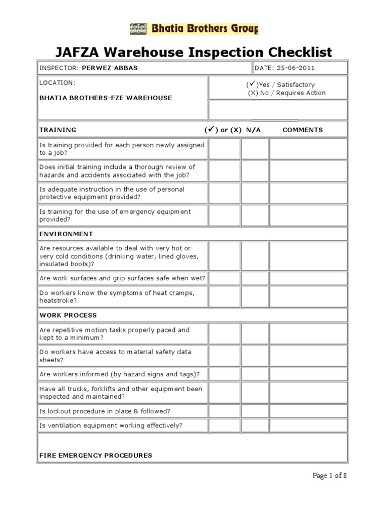 Jafza Warehouse Inspection Checklists Forklift Warehouse