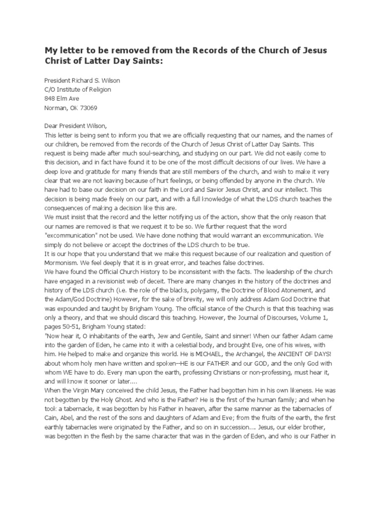 My Resignation Letter To The Lds Mormon Church Pdf The Church Of