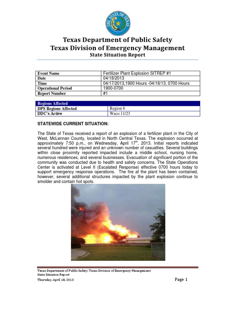 Texas Department of Public Safety Situation Report On West, Texas | PDF ...