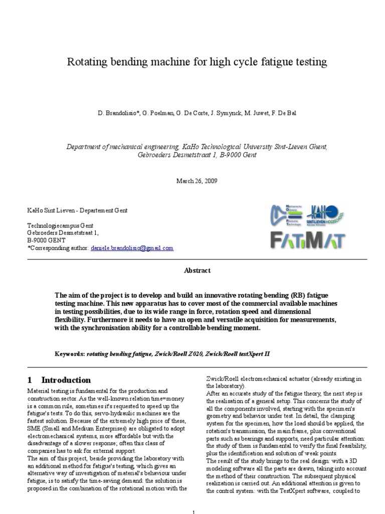PaperRotating Bending Machine For High Cycle Fatigue Testing PDF