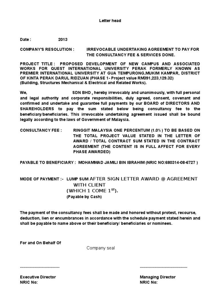 Letter of Undertaking Board Of Directors Withholding Tax