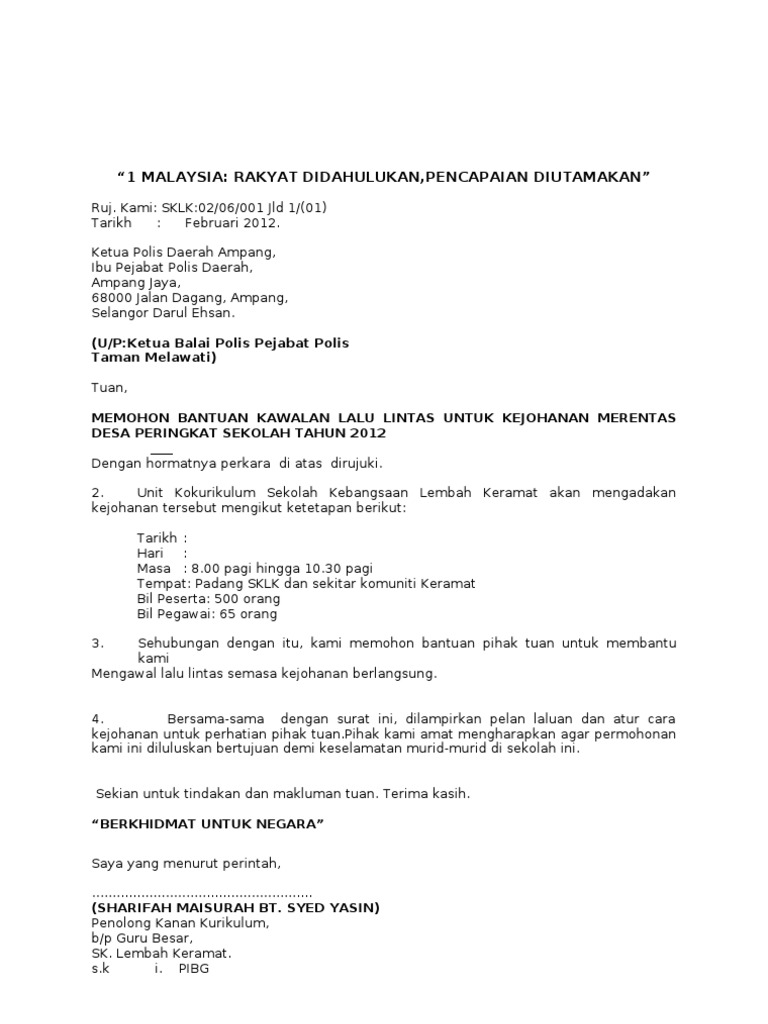 Surat Contoh Kebenaran Pihak Polis Mengadakan Maraton Di Jalan Raya