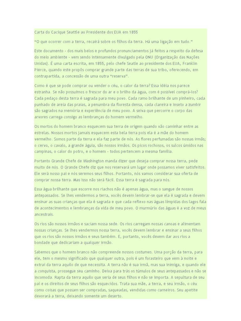 Perguntas E Respostas Sobre A Carta Do Cacique Seattle