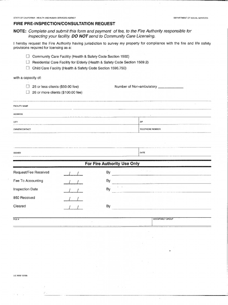 California Residential Care Facility Pre-Inspection Form 9092 | PDF
