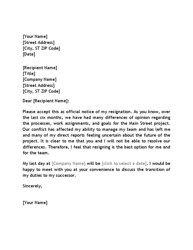 Resignation Letter Due Conflict With Boss Pdf