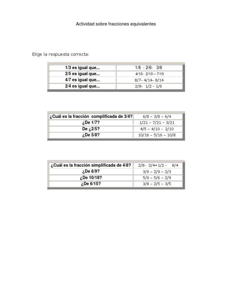 Actividad Sobre Fracciones Equivalentes Matematicas