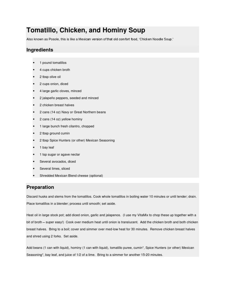 Tomatillo, Chicken, Hominy Soup | PDF | Cooking, Food & Wine | Wellness